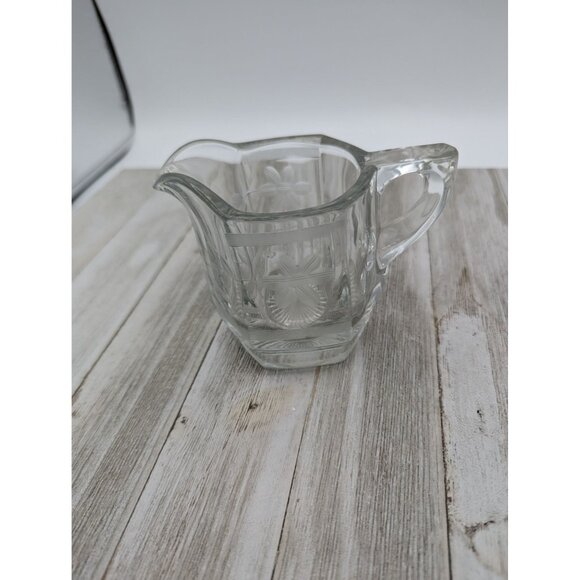 Vintage Pressed Glass Creamer Clear Etched Flowers - Picture 3 of 5